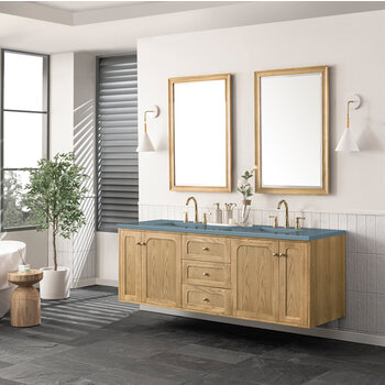 James Martin Furniture Laurent 72'' Double Vanity, Light Natural Oak with 3cm (1-3/8'') Thick Cala Blue Top and Rectangle Sinks