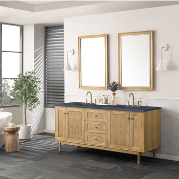 James Martin Furniture Laurent 72'' Double Vanity, Light Natural Oak with 3cm (1-3/8'') Thick Charcoal Soapstone Top and Rectangle Sinks