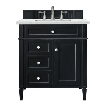 James Martin Furniture Brittany 30'' Single Vanity in Black Onyx with 3cm (1-3/8'' ) Thick Ethereal Noctis Quartz Top and Rectangle Sink