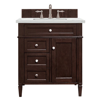 James Martin Furniture Brittany 30'' Single Vanity in Burnished Mahogany with 3cm (1-3/8'' ) Thick Ethereal Noctis Quartz Top and Rectangle Sink