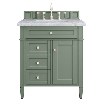 James Martin Furniture Brittany 30'' Single Vanity in Smokey Celadon with 3cm (1-3/8'' ) Thick Carrara Marble Top and Rectangle Sink