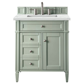 James Martin Furniture Brittany 30'' Single Vanity in Sage Green with 3cm (1-3/8'' ) Thick Ethereal Noctis Quartz Top and Rectangle Sink