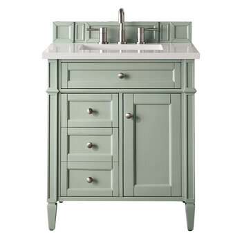 James Martin Furniture Brittany 30'' Single Vanity in Sage Green w/ 3cm (1-3/8'') Thick White Zeus Quartz Top