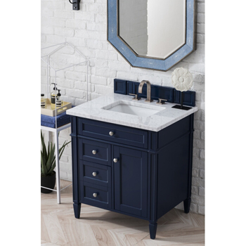 James Martin Furniture Victory Blue Cabinet / Carrara Marble Top View