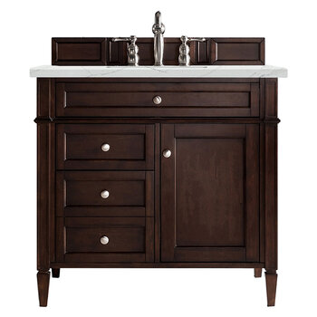 James Martin Furniture Brittany 36'' Single Vanity in Burnished Mahogany with 3cm (1-3/8'' ) Thick Ethereal Noctis Quartz Top and Rectangle Sink