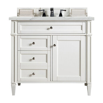 James Martin Furniture Brittany 36'' Single Vanity in Bright White with 3cm (1-3/8'' ) Thick Ethereal Noctis Quartz Top and Rectangle Undermount Sink