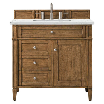James Martin Furniture Brittany 36'' Single Vanity in Saddle Brown with 3cm (1-3/8'' ) Thick Ethereal Noctis Quartz Top and Rectangle Undermount Sink