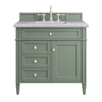 James Martin Furniture Brittany 36'' Single Vanity in Smokey Celadon with 3cm (1-3/8'' ) Thick Carrara Marble Top and Rectangle Undermount Sink