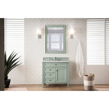 James Martin Furniture Brittany 36'' Sage Green w/ White Zeus Top Front View