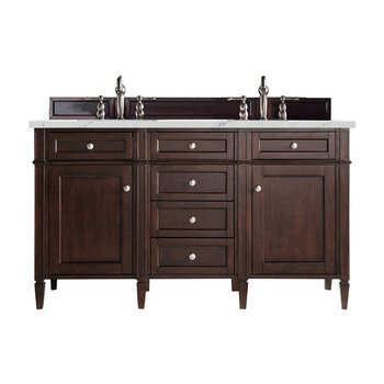 James Martin Furniture Brittany 60'' Double Vanity in Burnished Mahogany with 3cm (1-3/8'' ) Thick Ethereal Noctis Quartz Top and Rectangle Sinks