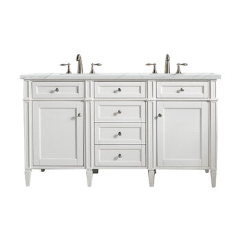 James Martin Furniture Brittany 60'' Double Vanity in Bright White with 3cm (1-3/8'' ) Thick Ethereal Noctis Quartz Top and Rectangle Undermount Sinks