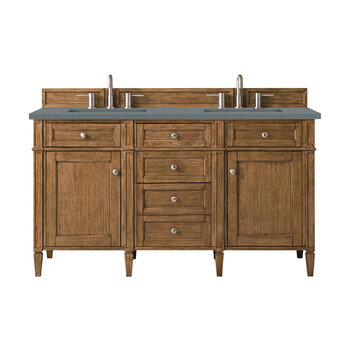 James Martin Furniture Brittany 60'' Double Vanity in Saddle Brown with 3cm (1-3/8'' ) Thick Cala Blue Quartz Top and Rectangle Undermount Sinks