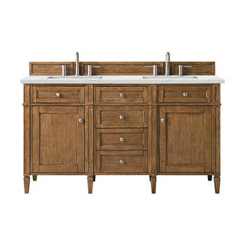 James Martin Furniture Brittany 60'' Double Vanity in Saddle Brown with 3cm (1-3/8'' ) Thick Ethereal Noctis Quartz Top and Rectangle Undermount Sinks