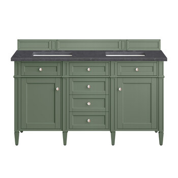 James Martin Furniture Brittany 60'' Double Vanity in Smokey Celadon with 3cm (1-3/8'' ) Thick Charcoal Soapstone Top and Rectangle Undermount Sinks