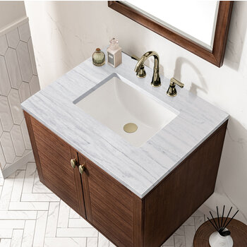 James Martin Furniture Amberly 30'' Single Vanity in Mid-Century Walnut with 3cm (1-3/8'') Thick Arctic Fall Top and Rectangle Undermount Sink