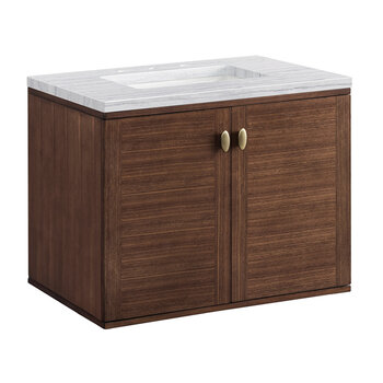 James Martin Furniture Amberly 30'' Single Vanity in Mid-Century Walnut with 3cm (1-3/8'') Thick Arctic Fall Top and Rectangle Undermount Sink