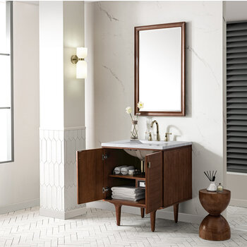 James Martin Furniture Amberly 30'' Single Vanity in Mid-Century Walnut with 3cm (1-3/8'') Thick Arctic Fall Top and Rectangle Undermount Sink