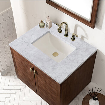 James Martin Furniture Amberly 30'' Single Vanity in Mid-Century Walnut with 3cm (1-3/8'') Thick Carrara Marble Top and Rectangle Undermount Sink
