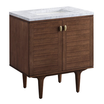 James Martin Furniture Amberly 30'' Single Vanity in Mid-Century Walnut with 3cm (1-3/8'') Thick Carrara Marble Top and Rectangle Undermount Sink