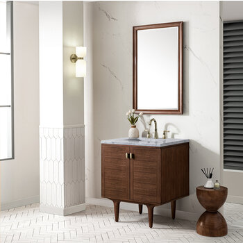 James Martin Furniture Amberly 30'' Single Vanity in Mid-Century Walnut with 3cm (1-3/8'') Thick Carrara Marble Top and Rectangle Undermount Sink