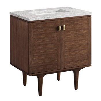 James Martin Furniture Amberly 30'' Single Vanity in Mid-Century Walnut with 3cm (1-3/8'') Thick Eternal Jasmine Pearl Top and Rectangle Undermount Sink