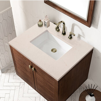 James Martin Furniture Amberly 30'' Single Vanity in Mid-Century Walnut with 3cm (1-3/8'') Thick Eternal Marfil Top and Rectangle Undermount Sink