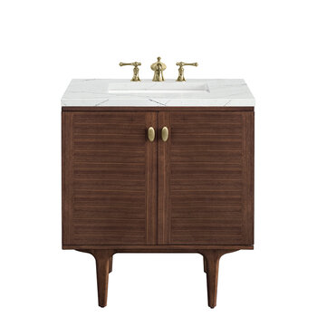 James Martin Furniture Amberly 30'' Single Vanity in Mid-Century Walnut with 3cm (1-3/8'') Thick Ethereal Noctis Top and Rectangle Undermount Sink