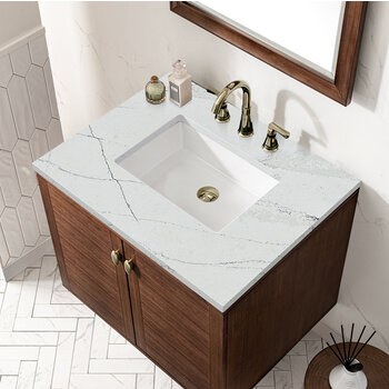 James Martin Furniture Amberly 30'' Single Vanity in Mid-Century Walnut with 3cm (1-3/8'') Thick Ethereal Noctis Top and Rectangle Undermount Sink