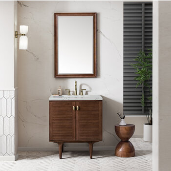 James Martin Furniture Amberly 30'' Single Vanity in Mid-Century Walnut with 3cm (1-3/8'') Thick Ethereal Noctis Top and Rectangle Undermount Sink