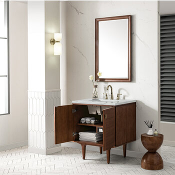 James Martin Furniture Amberly 30'' Single Vanity in Mid-Century Walnut with 3cm (1-3/8'') Thick Ethereal Noctis Top and Rectangle Undermount Sink