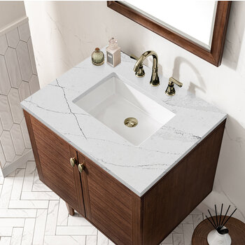James Martin Furniture Amberly 30'' Single Vanity in Mid-Century Walnut with 3cm (1-3/8'') Thick Ethereal Noctis Top and Rectangle Undermount Sink