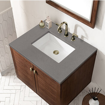 James Martin Furniture Amberly 30'' Single Vanity in Mid-Century Walnut with 3cm (1-3/8'') Thick Grey Expo Top and Rectangle Undermount Sink