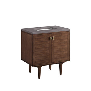 James Martin Furniture Amberly 30'' Single Vanity in Mid-Century Walnut with 3cm (1-3/8'') Thick Grey Expo Top and Rectangle Undermount Sink