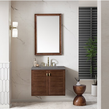 James Martin Furniture Amberly 30'' Single Vanity in Mid-Century Walnut with 3cm (1-3/8'') Thick Grey Expo Top and Rectangle Undermount Sink