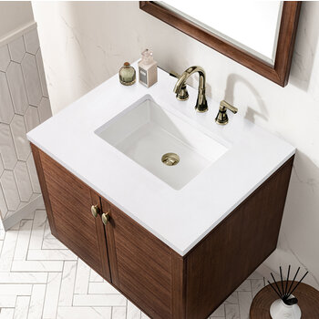 James Martin Furniture Amberly 30'' Single Vanity in Mid-Century Walnut with 3cm (1-3/8'') Thick White Zeus Top and Rectangle Undermount Sink