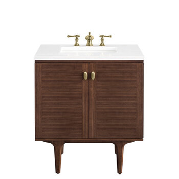James Martin Furniture Amberly 30'' Single Vanity in Mid-Century Walnut with 3cm (1-3/8'') Thick White Zeus Top and Rectangle Undermount Sink