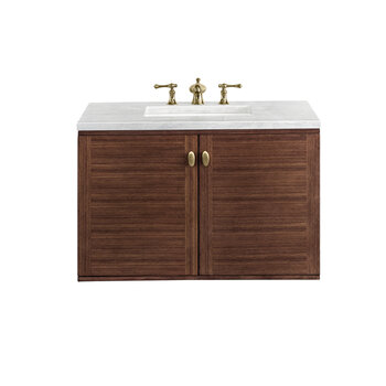 James Martin Furniture Amberly 36'' Single Vanity in Mid-Century Walnut with 3cm (1-3/8'') Thick Arctic Fall Top and Rectangle Undermount Sink