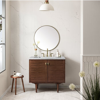 James Martin Furniture Amberly 36'' Single Vanity in Mid-Century Walnut with 3cm (1-3/8'') Thick Arctic Fall Top and Rectangle Undermount Sink