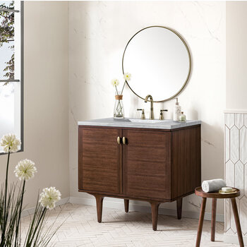 James Martin Furniture Amberly 36'' Single Vanity in Mid-Century Walnut with 3cm (1-3/8'') Thick Arctic Fall Top and Rectangle Undermount Sink