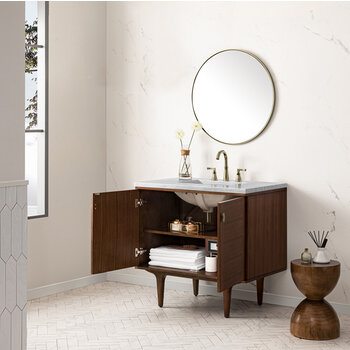 James Martin Furniture Amberly 36'' Single Vanity in Mid-Century Walnut with 3cm (1-3/8'') Thick Arctic Fall Top and Rectangle Undermount Sink