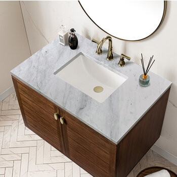 James Martin Furniture Amberly 36'' Single Vanity in Mid-Century Walnut with 3cm (1-3/8'') Thick Carrara Marble Top and Rectangle Undermount Sink