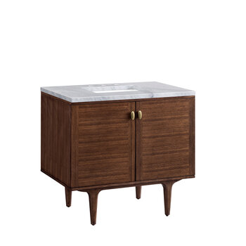 James Martin Furniture Amberly 36'' Single Vanity in Mid-Century Walnut with 3cm (1-3/8'') Thick Carrara Marble Top and Rectangle Undermount Sink