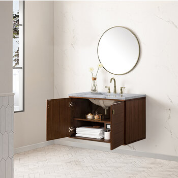James Martin Furniture Amberly 36'' Single Vanity in Mid-Century Walnut with 3cm (1-3/8'') Thick Carrara Marble Top and Rectangle Undermount Sink