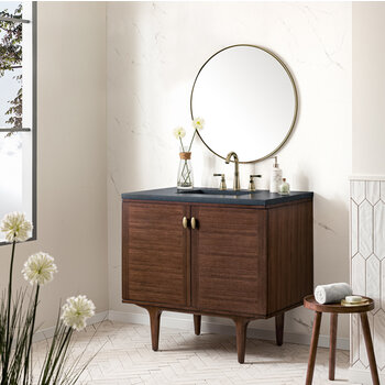 James Martin Furniture Amberly 36'' Single Vanity in Mid-Century Walnut with 3cm (1-3/8'') Thick Charcoal Soapstone Top and Rectangle Undermount Sink