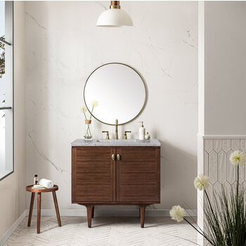 James Martin Furniture Amberly 36'' Single Vanity in Mid-Century Walnut with 3cm (1-3/8'') Thick Eternal Jasmine Pearl Top and Rectangle Undermount Sink