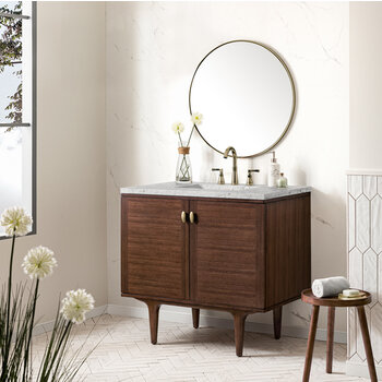 James Martin Furniture Amberly 36'' Single Vanity in Mid-Century Walnut with 3cm (1-3/8'') Thick Eternal Jasmine Pearl Top and Rectangle Undermount Sink