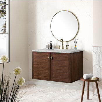 James Martin Furniture Amberly 36'' Single Vanity in Mid-Century Walnut with 3cm (1-3/8'') Thick Eternal Jasmine Pearl Top and Rectangle Undermount Sink