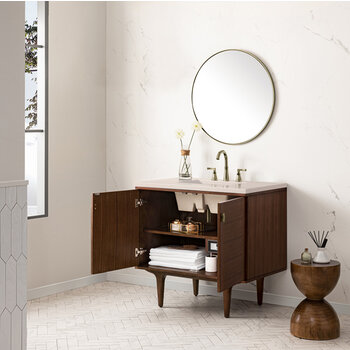 James Martin Furniture Amberly 36'' Single Vanity in Mid-Century Walnut with 3cm (1-3/8'') Thick Eternal Marfil Top and Rectangle Undermount Sink