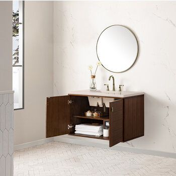 James Martin Furniture Amberly 36'' Single Vanity in Mid-Century Walnut with 3cm (1-3/8'') Thick Eternal Marfil Top and Rectangle Undermount Sink