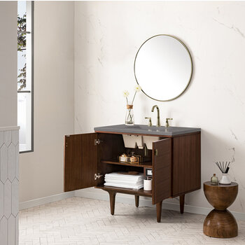 James Martin Furniture Amberly 36'' Single Vanity in Mid-Century Walnut with 3cm (1-3/8'') Thick Grey Expo Top and Rectangle Undermount Sink